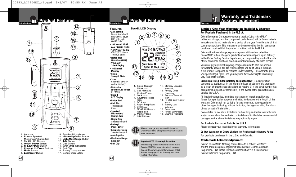 Product features, Warranty and trademark acknowledgement | Cobra Electronics LI 7200WX User Manual | Page 2 / 17