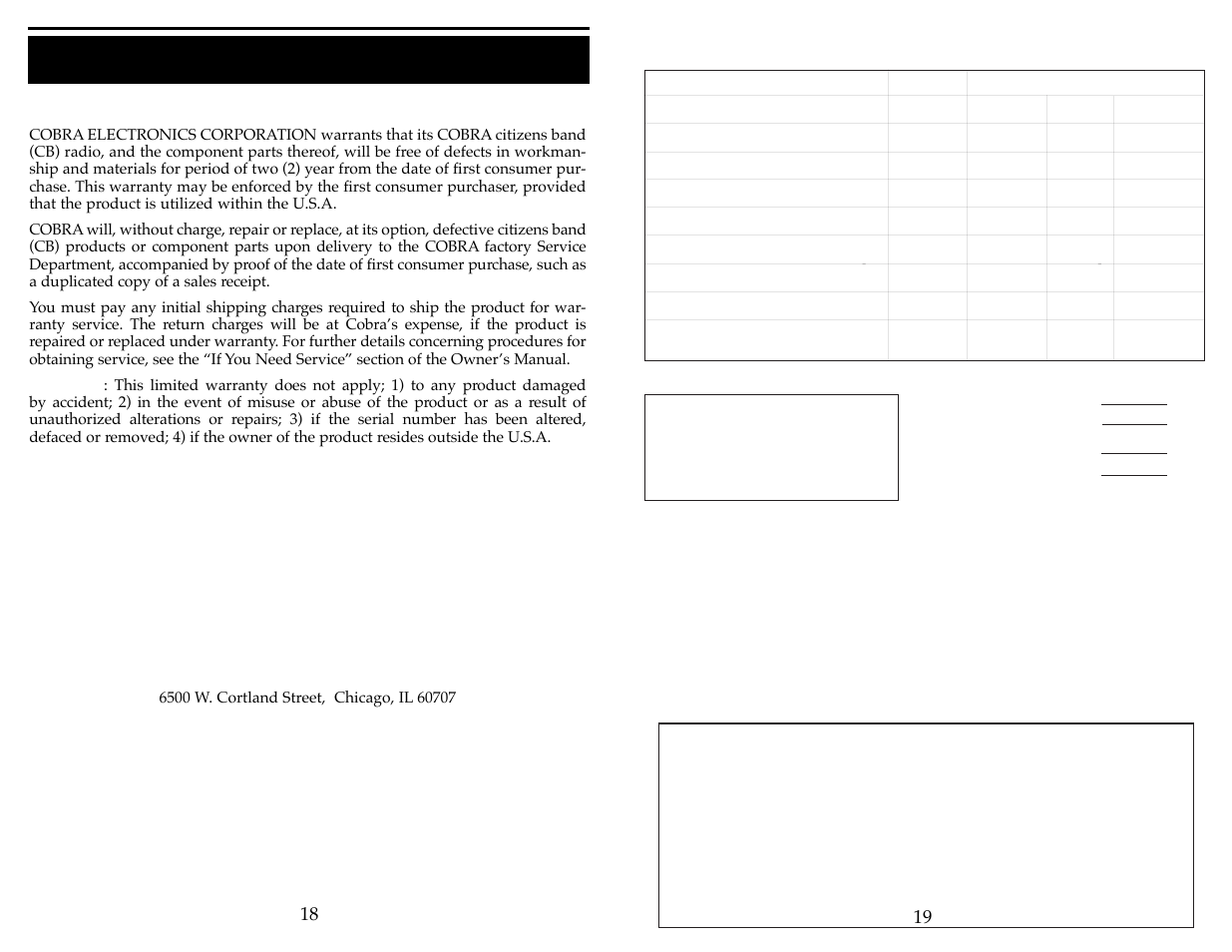 Warranty and service, 18 19 limited two year warranty | Cobra Electronics 25 LTD ST User Manual | Page 11 / 11