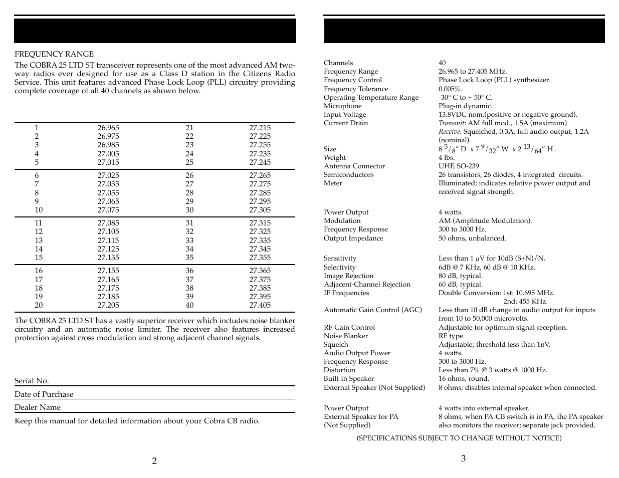 Specifications (cont.), Specifications | Cobra Electronics 25 LTD ST User Manual | Page 3 / 11