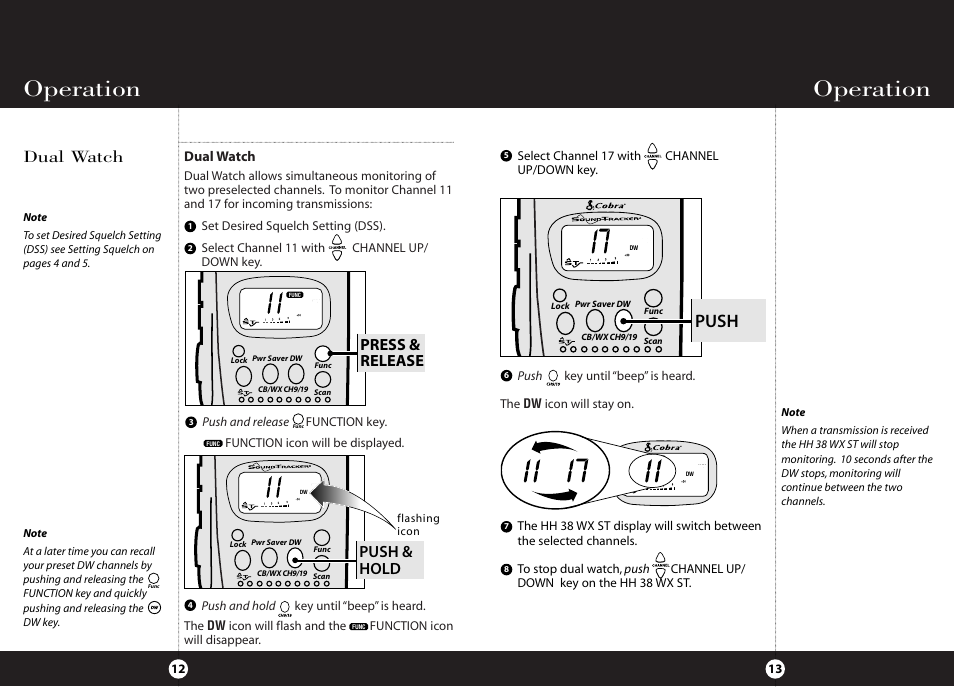 Operation, Push, Push & hold | Press & release, Dual watch | Cobra Electronics HH 38 WX ST User Manual | Page 10 / 23