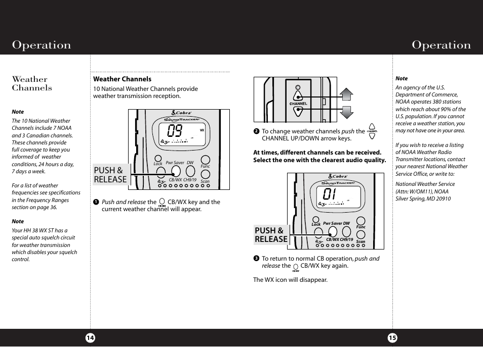 Operation, Push & release, Weather channels | Cobra Electronics HH 38 WX ST User Manual | Page 11 / 23