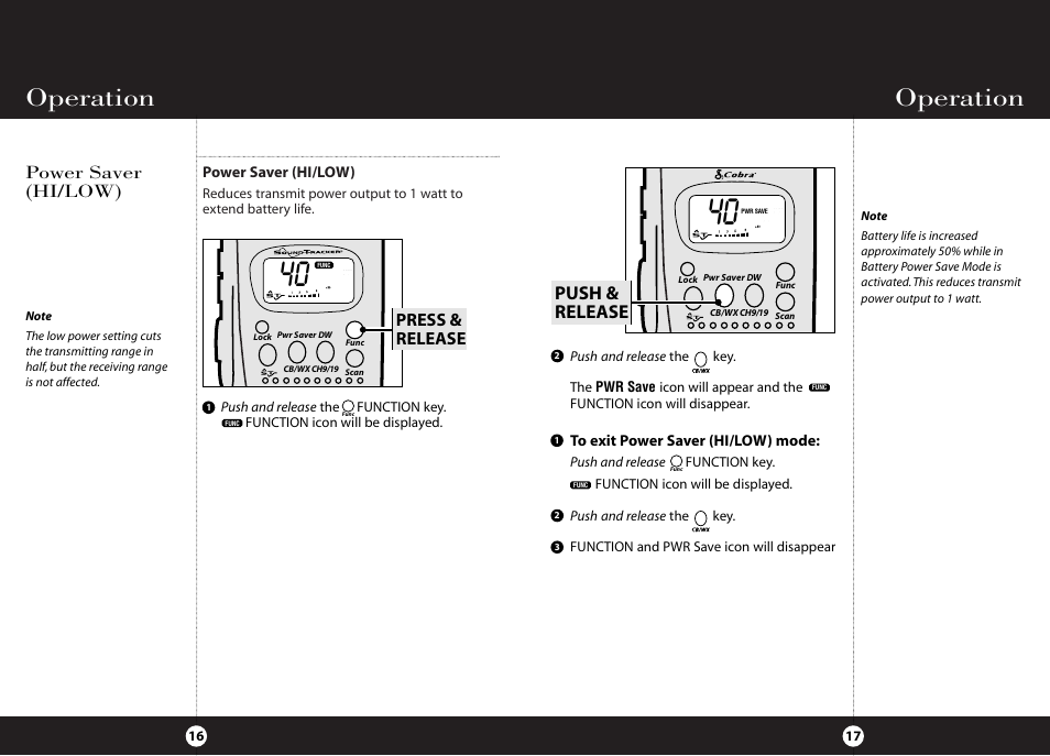 Operation, Push & release, Press & release | Power saver (hi/low) | Cobra Electronics HH 38 WX ST User Manual | Page 12 / 23