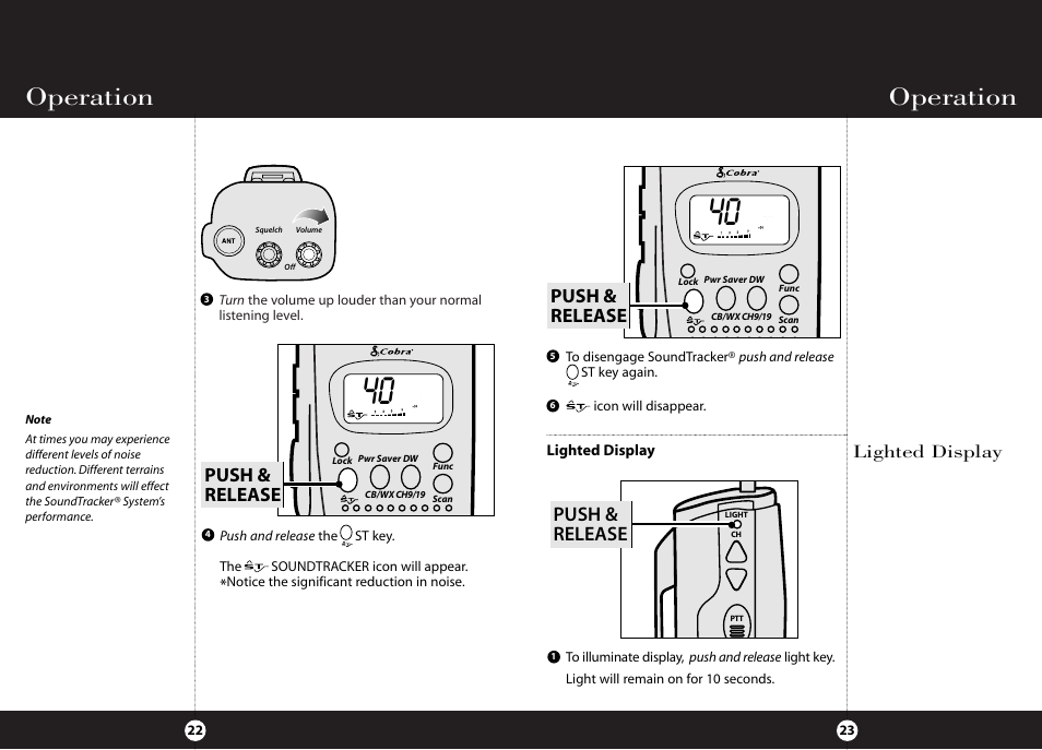 Operation, Push & release, Lighted display | Cobra Electronics HH 38 WX ST User Manual | Page 15 / 23