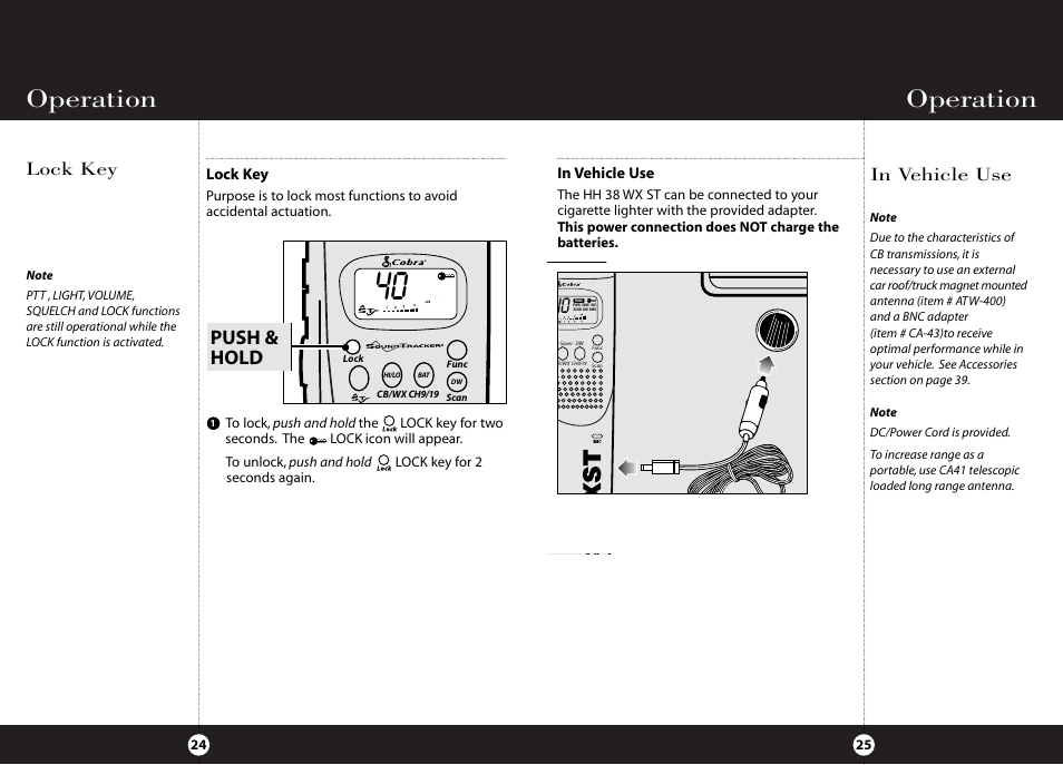 Operation, Push & hold, Lock key | Cobra Electronics HH 38 WX ST User Manual | Page 16 / 23