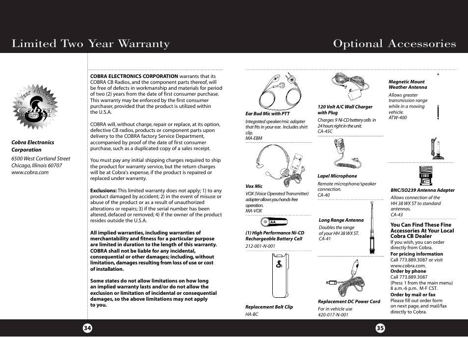 Optional accessories limited two year warranty | Cobra Electronics HH 38 WX ST User Manual | Page 21 / 23