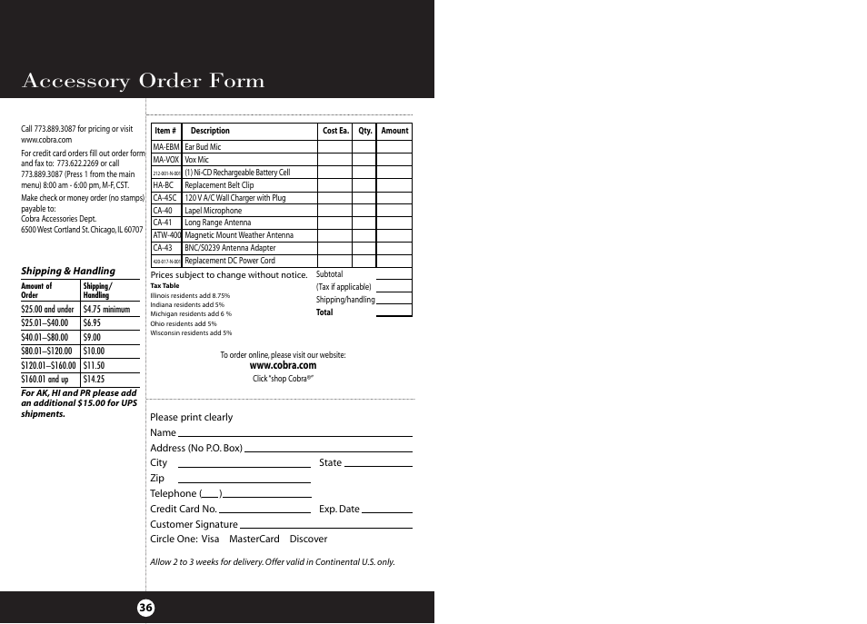 Accessory order form | Cobra Electronics HH 38 WX ST User Manual | Page 22 / 23