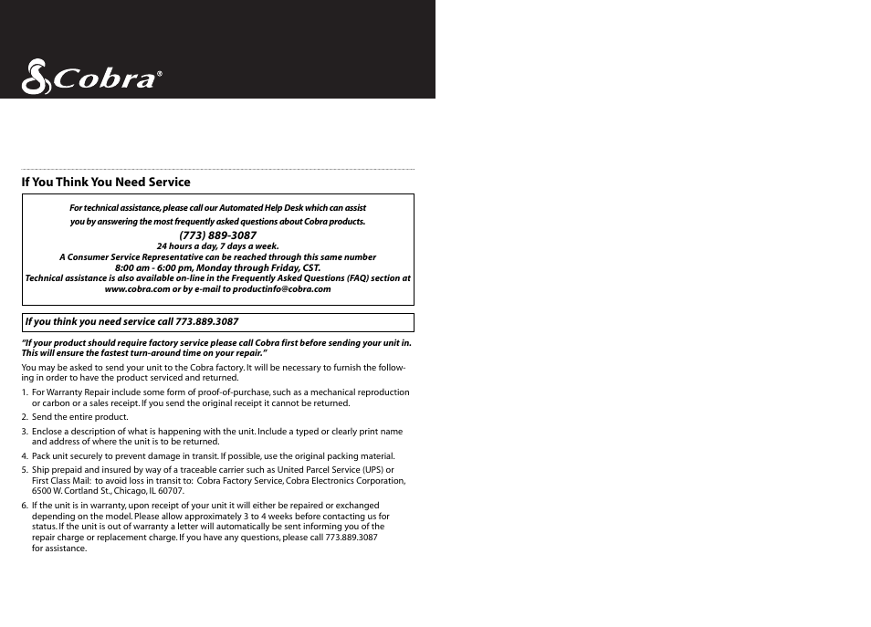 If you think you need service | Cobra Electronics HH 38 WX ST User Manual | Page 23 / 23