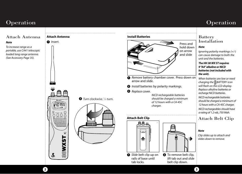 Operation, Attach antenna, Battery installation attach belt clip | Cobra Electronics HH 38 WX ST User Manual | Page 5 / 23