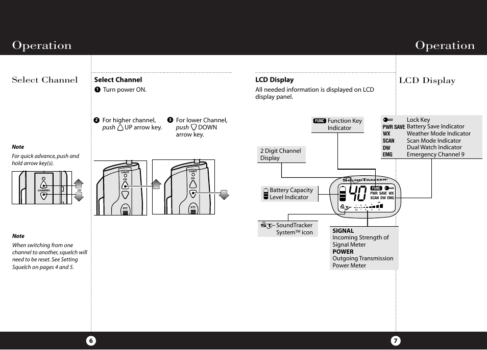 Operation, Lcd display, Select channel | Cobra Electronics HH 38 WX ST User Manual | Page 7 / 23