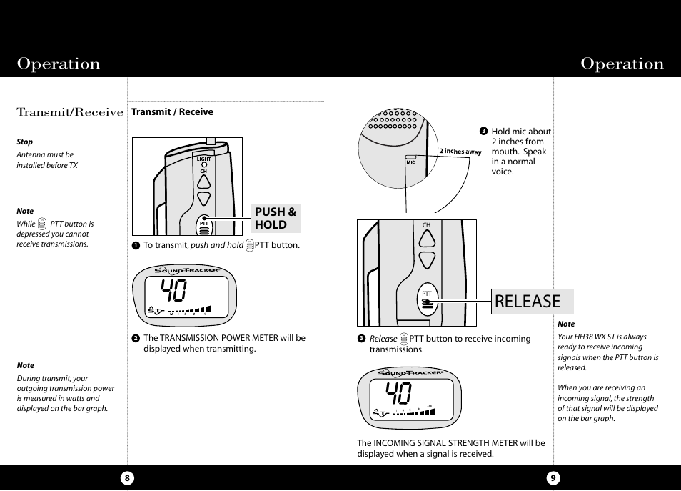 Release, Operation, Push & hold | Cobra Electronics HH 38 WX ST User Manual | Page 8 / 23