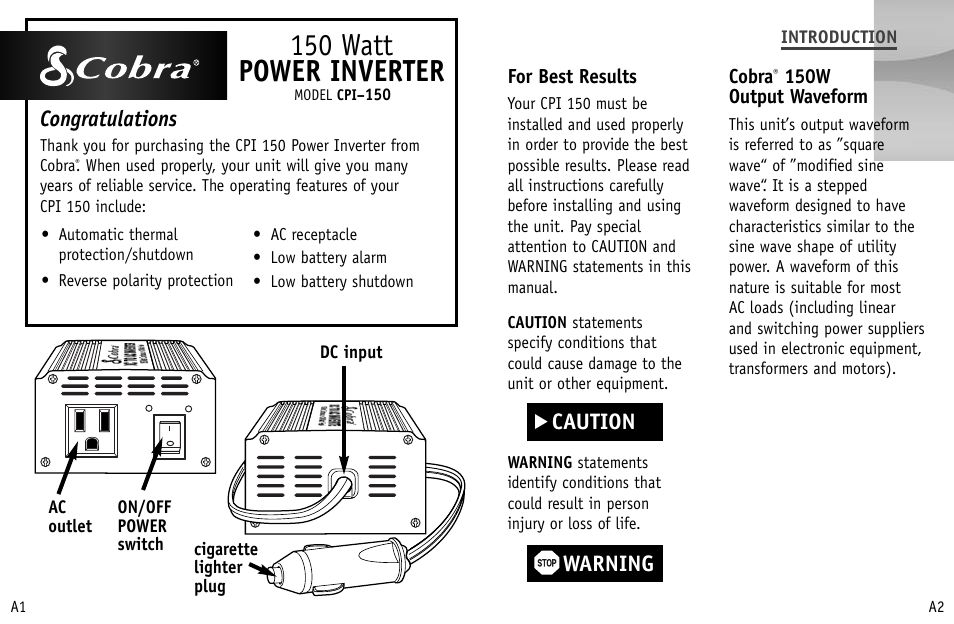 150 watt power inverter, Caution warning, For best results | Cobra, 150w output waveform | Cobra Electronics CPI 150 User Manual | Page 2 / 10
