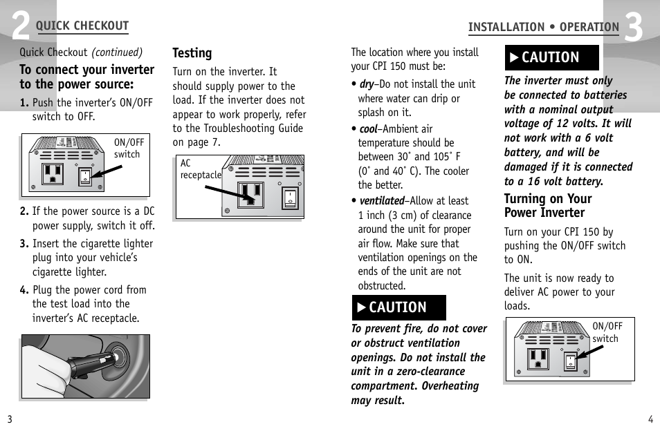 Caution, Testing, Turning on your power inverter | Cobra Electronics CPI 150 User Manual | Page 5 / 10