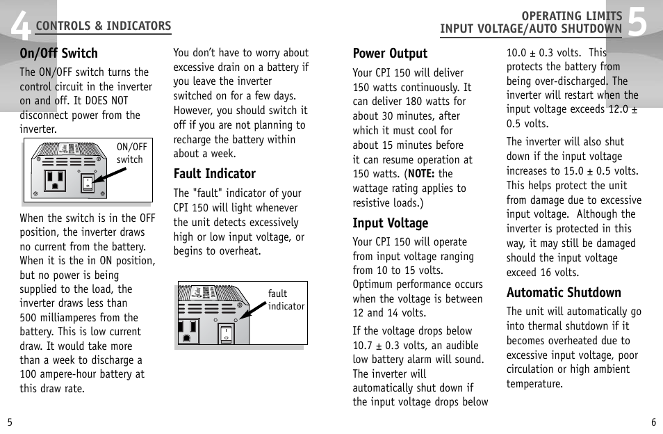 On/off switch, Fault indicator, Power output | Input voltage, Automatic shutdown | Cobra Electronics CPI 150 User Manual | Page 6 / 10