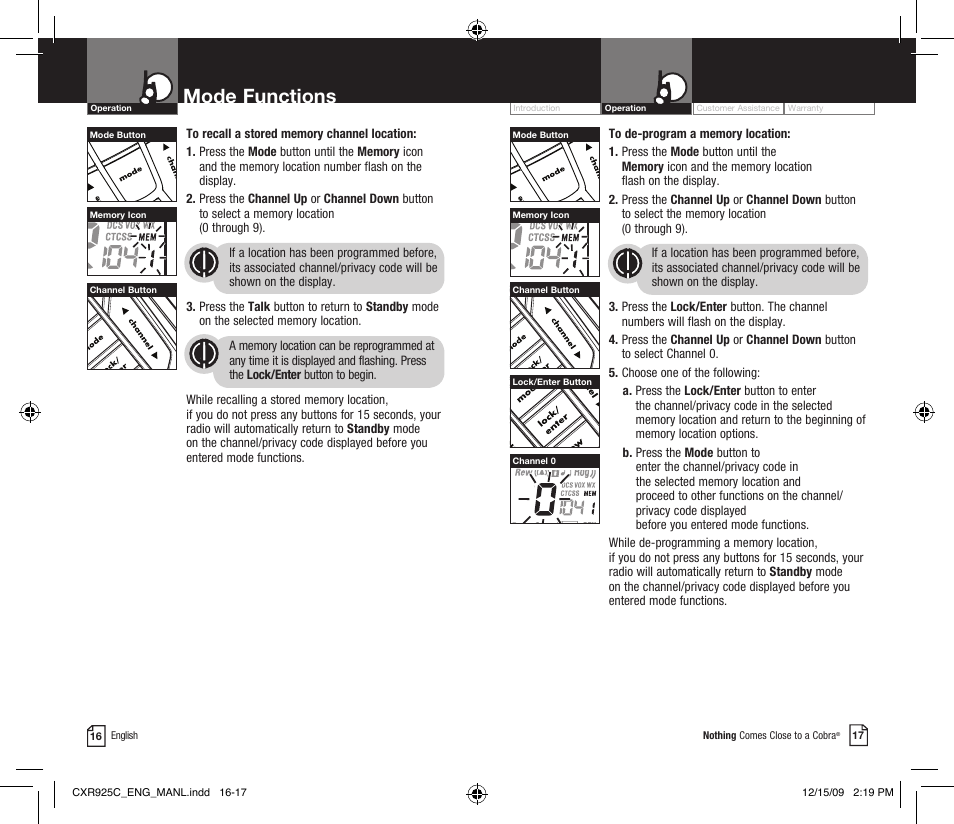 Mode functions, Li 7300 | Cobra Electronics MICROTALK CXR925C User Manual | Page 11 / 18