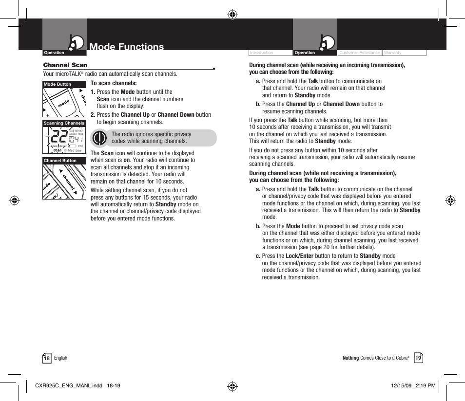 Mode functions, Li 7300 | Cobra Electronics MICROTALK CXR925C User Manual | Page 12 / 18