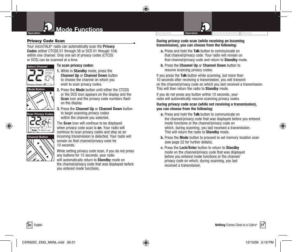 Mode functions, Li 7300 | Cobra Electronics MICROTALK CXR925C User Manual | Page 13 / 18