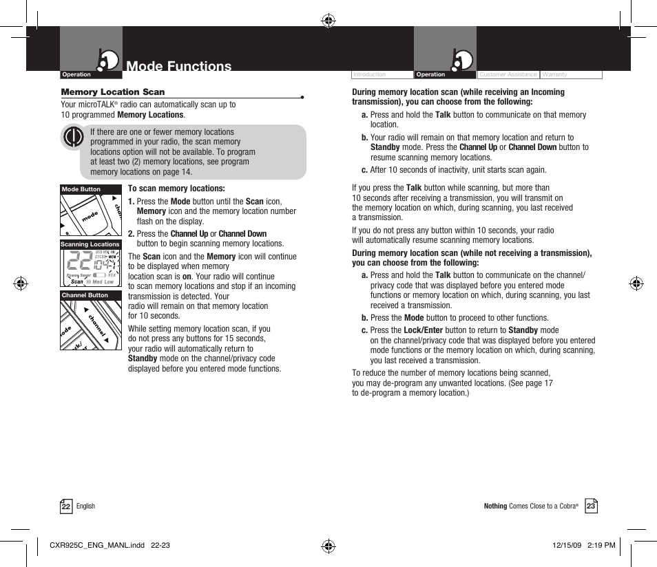 Mode functions, Li 7300 | Cobra Electronics MICROTALK CXR925C User Manual | Page 14 / 18