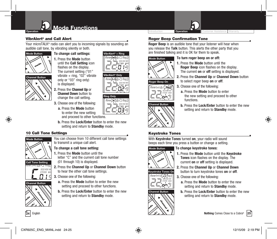 Mode functions, Li 7300 | Cobra Electronics MICROTALK CXR925C User Manual | Page 15 / 18