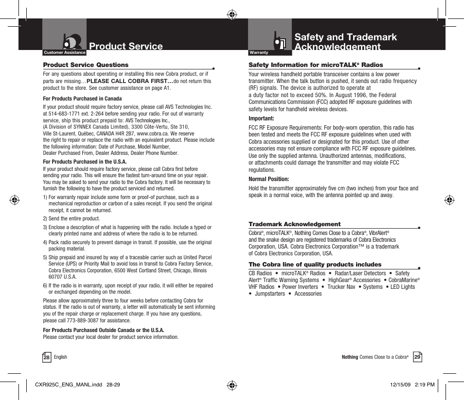 Safety and trademark acknowledgement, Product service | Cobra Electronics MICROTALK CXR925C User Manual | Page 17 / 18