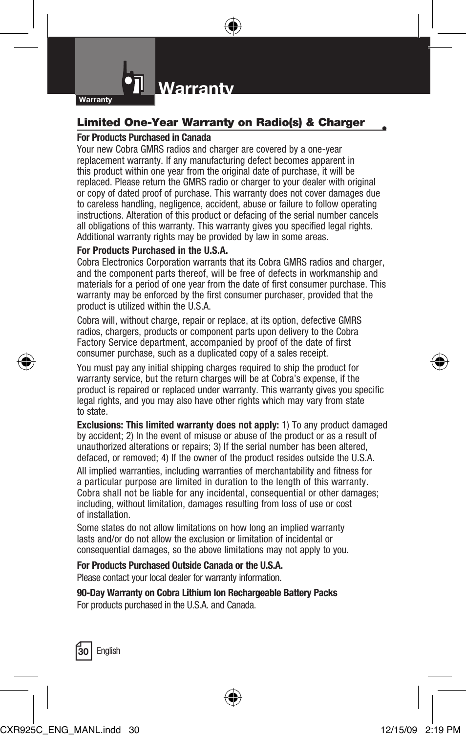 Warranty | Cobra Electronics MICROTALK CXR925C User Manual | Page 18 / 18
