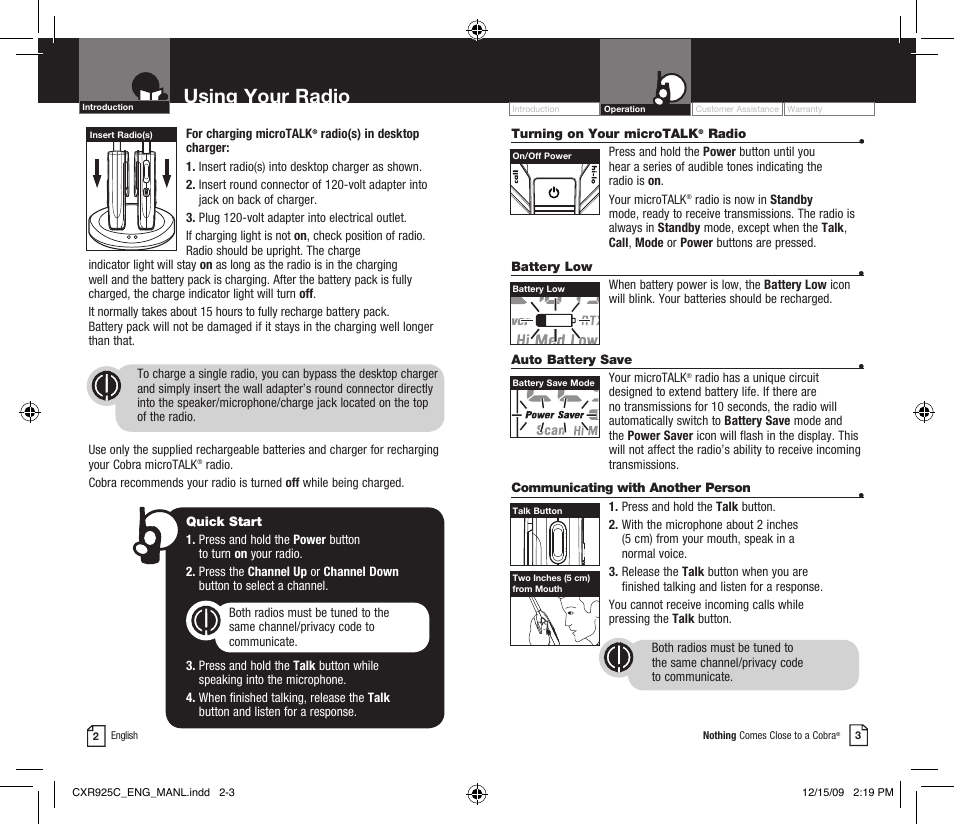 Using your radio | Cobra Electronics MICROTALK CXR925C User Manual | Page 4 / 18