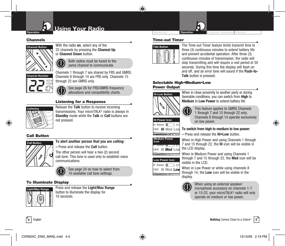 Using your radio, Li 7300 | Cobra Electronics MICROTALK CXR925C User Manual | Page 5 / 18