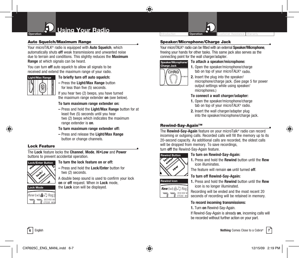 Using your radio, Li 7300 | Cobra Electronics MICROTALK CXR925C User Manual | Page 6 / 18