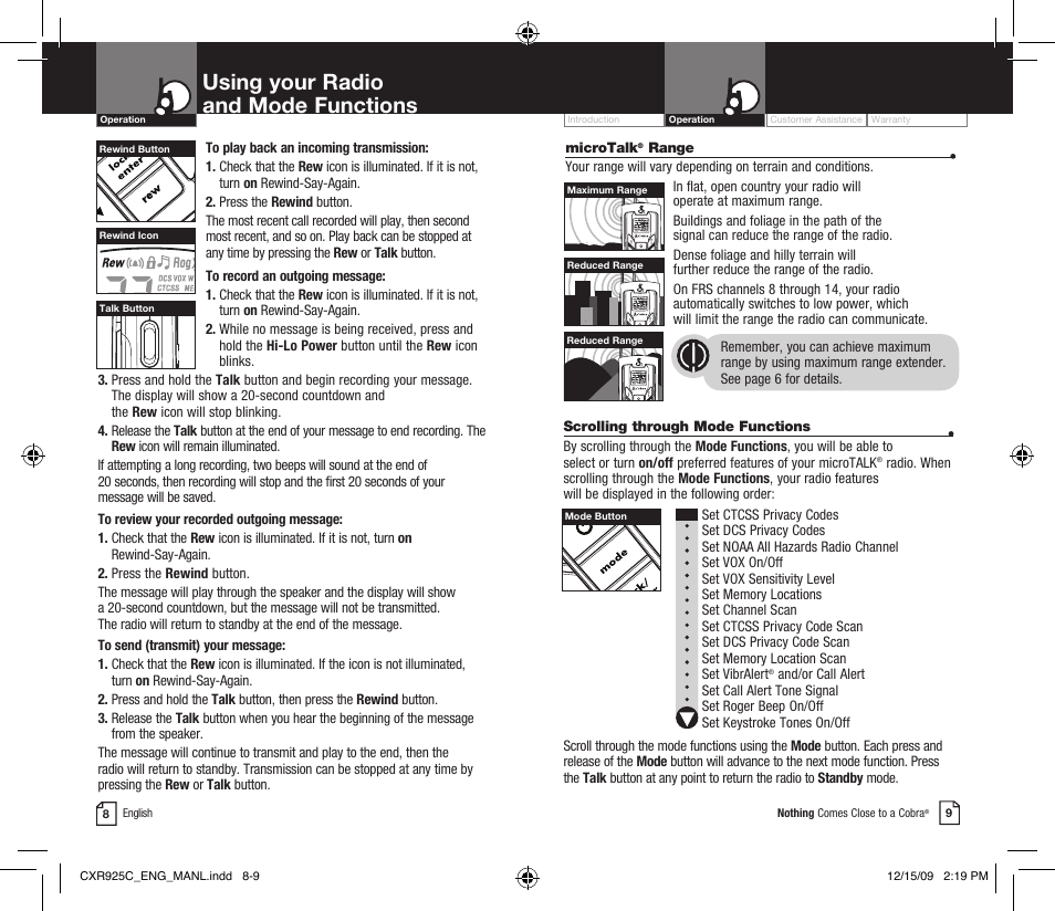 Using your radio and mode functions, Li 7300 | Cobra Electronics MICROTALK CXR925C User Manual | Page 7 / 18