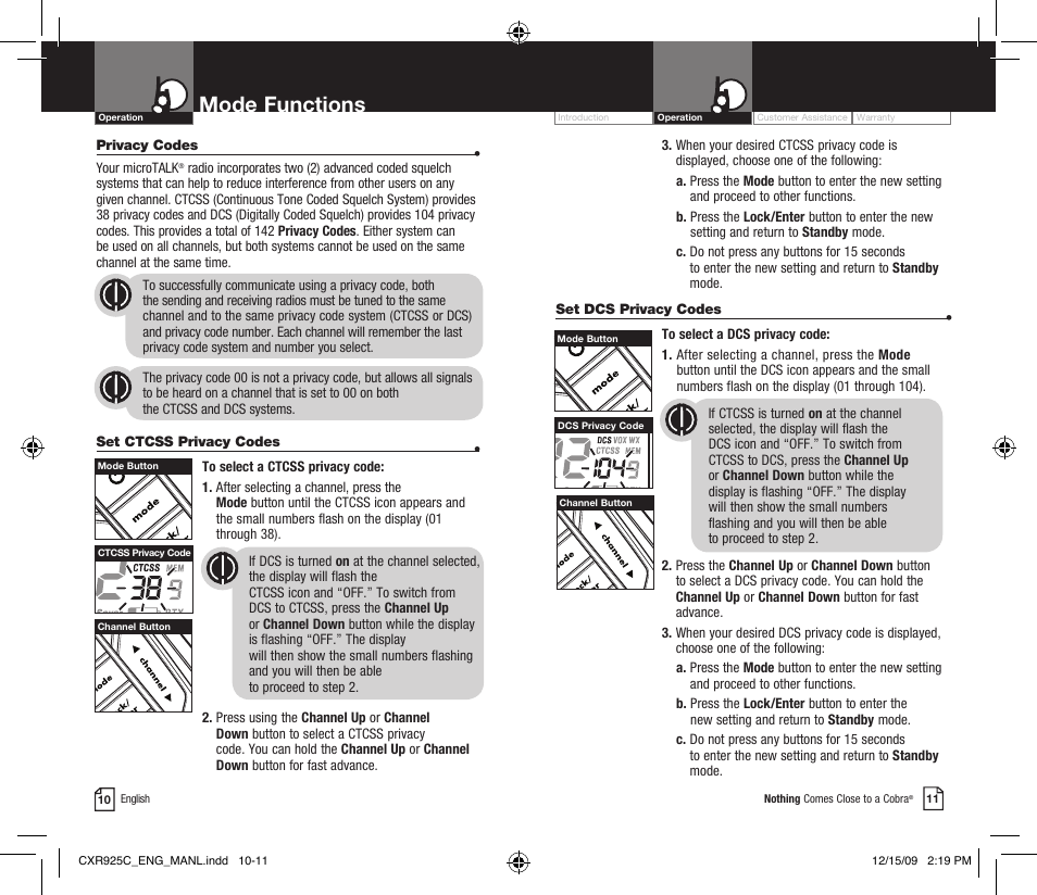 Mode functions, Li 7300 | Cobra Electronics MICROTALK CXR925C User Manual | Page 8 / 18