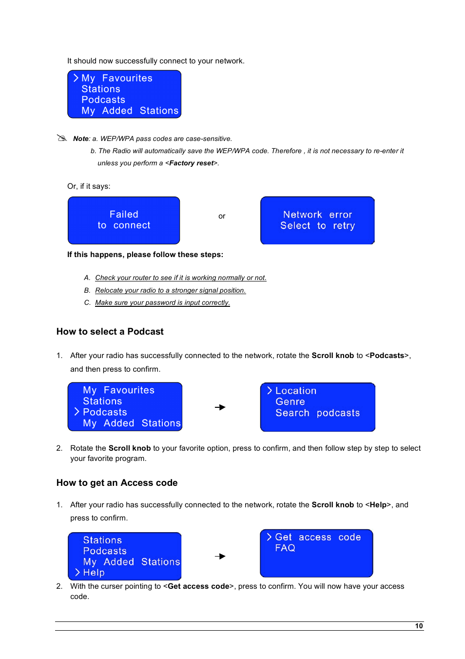 How to select a podcast, How to get an access code | Cobra Electronics CIR 1000 A User Manual | Page 13 / 35