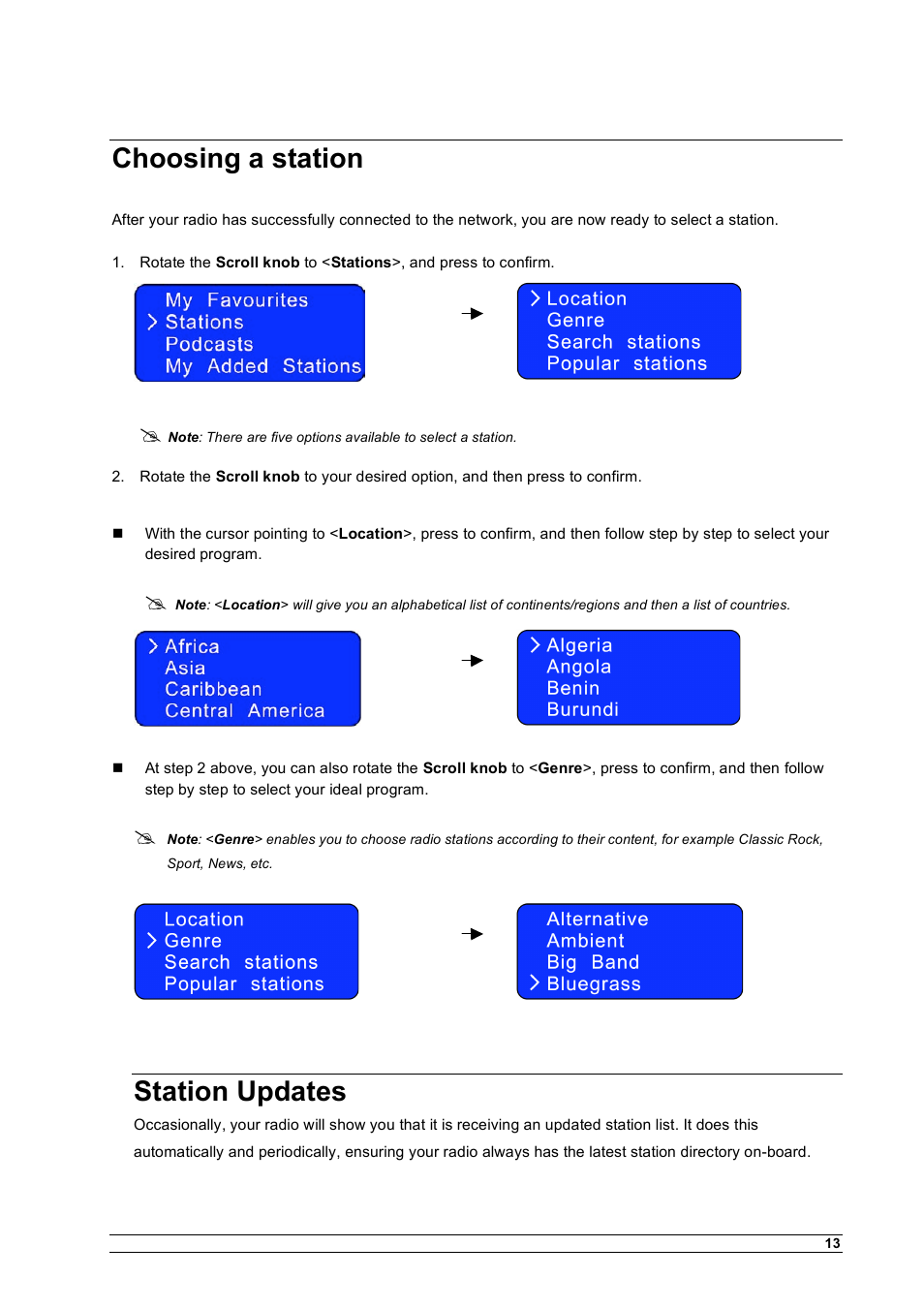 Choosing a station, Station updates | Cobra Electronics CIR 1000 A User Manual | Page 16 / 35