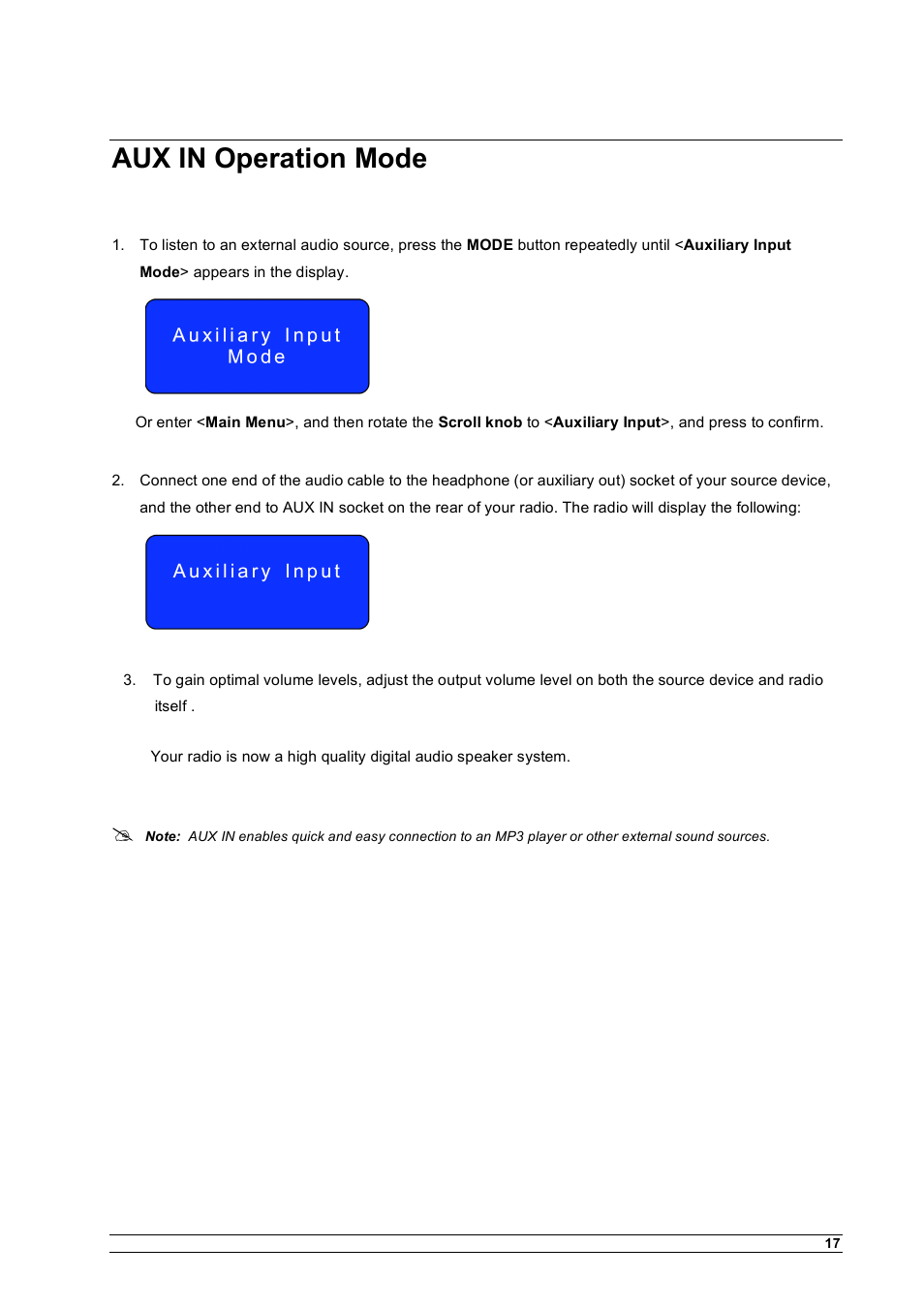 Aux in operation mode | Cobra Electronics CIR 1000 A User Manual | Page 20 / 35