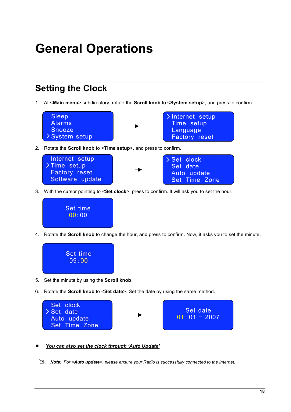 General operations, Setting the clock | Cobra Electronics CIR 1000 A User Manual | Page 21 / 35