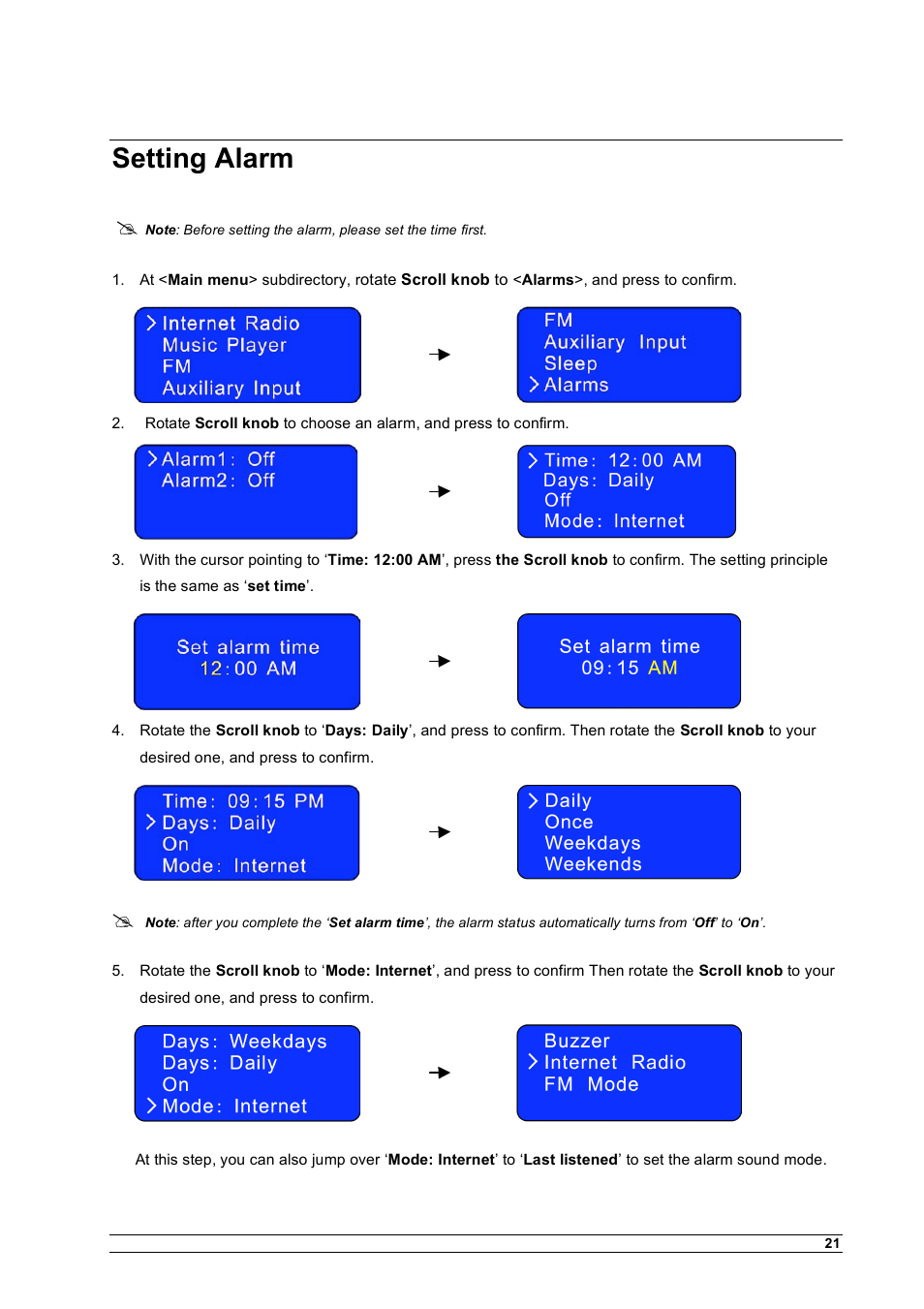 Setting alarm | Cobra Electronics CIR 1000 A User Manual | Page 24 / 35