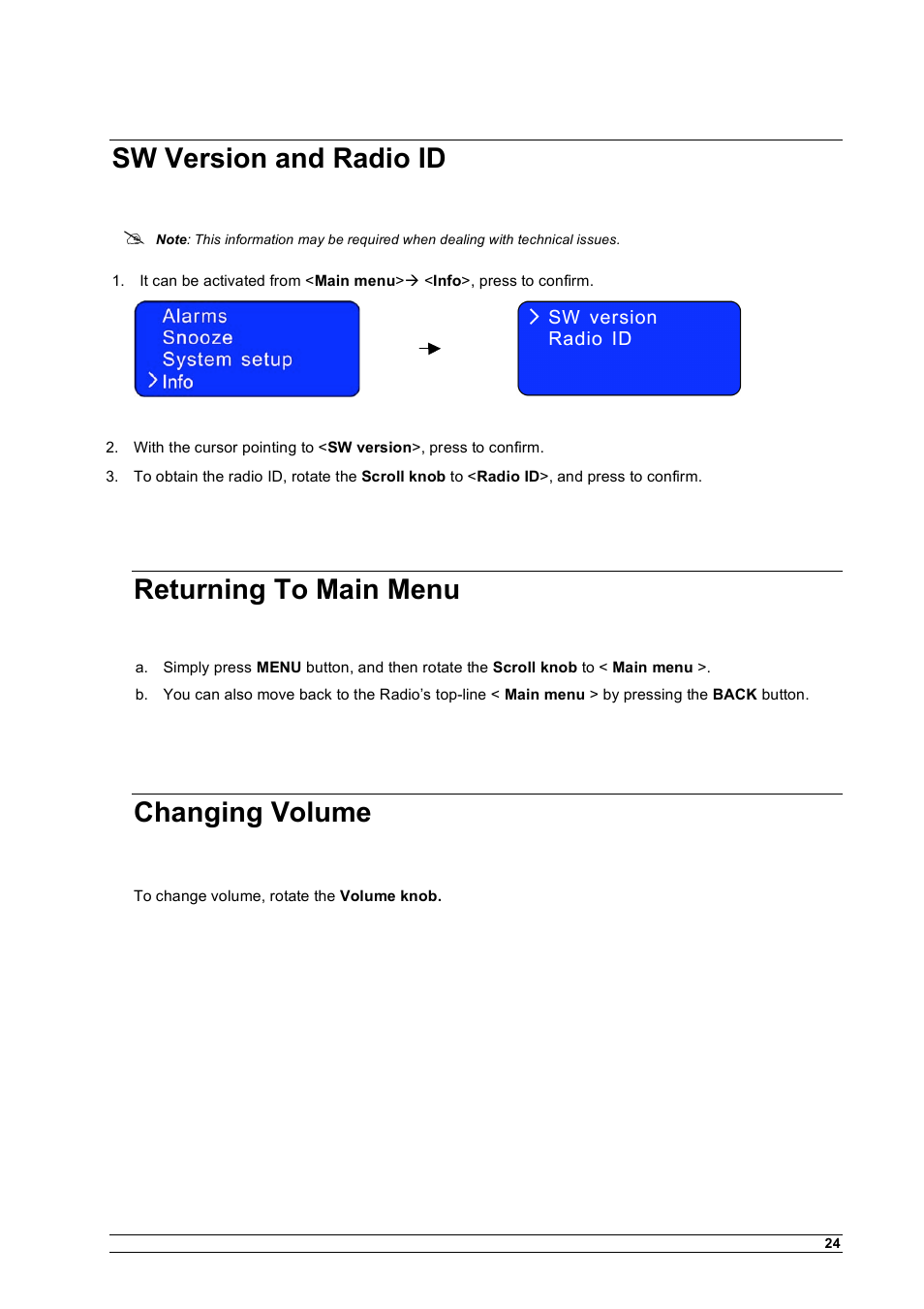 Sw version and radio id, Returning to main menu, Changing volume | Cobra Electronics CIR 1000 A User Manual | Page 27 / 35