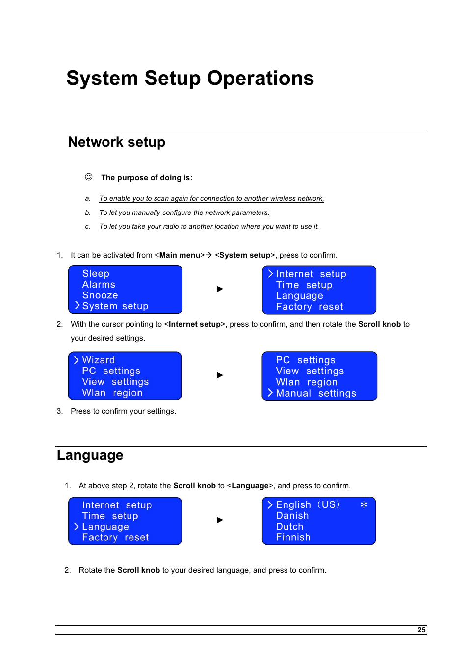 System setup operations, Network setup, Language | Cobra Electronics CIR 1000 A User Manual | Page 28 / 35