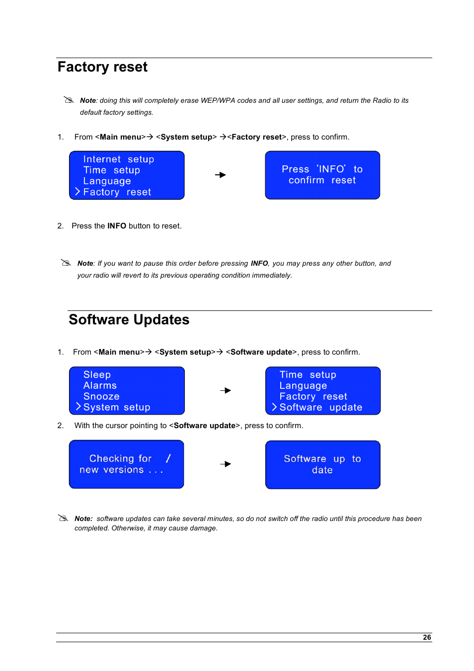 Factory reset, Software updates | Cobra Electronics CIR 1000 A User Manual | Page 29 / 35
