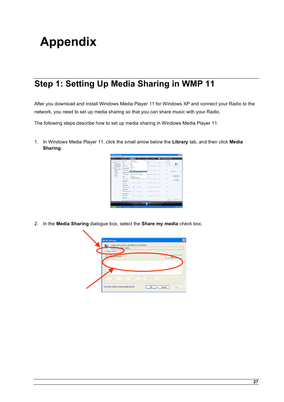 Appendix, Step 1: setting up media sharing in wmp 11 | Cobra Electronics CIR 1000 A User Manual | Page 30 / 35