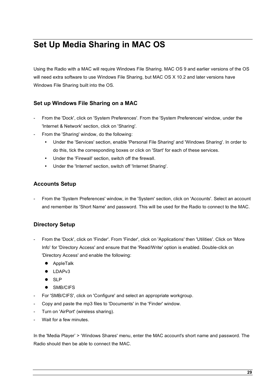 Set up media sharing in mac os, Set up windows file sharing on a mac, Accounts setup | Directory setup | Cobra Electronics CIR 1000 A User Manual | Page 32 / 35