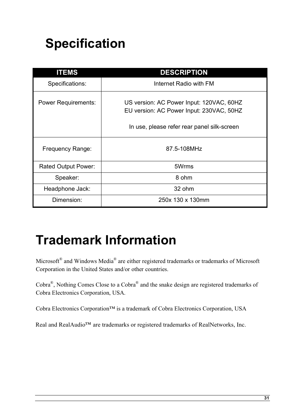 Specification, Trademark information | Cobra Electronics CIR 1000 A User Manual | Page 34 / 35
