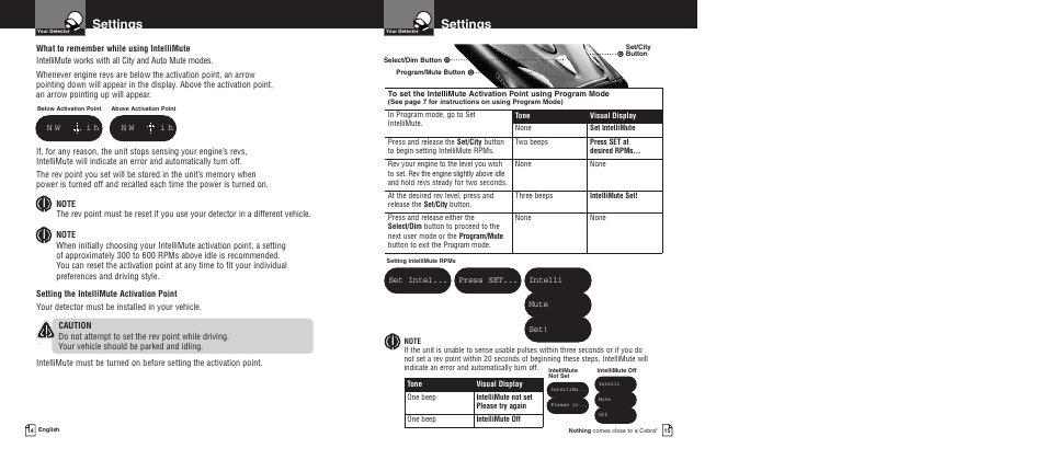 Settings, Set intel... press set, Intelli mute set | N w i h | Cobra Electronics XRS 9675 User Manual | Page 10 / 21