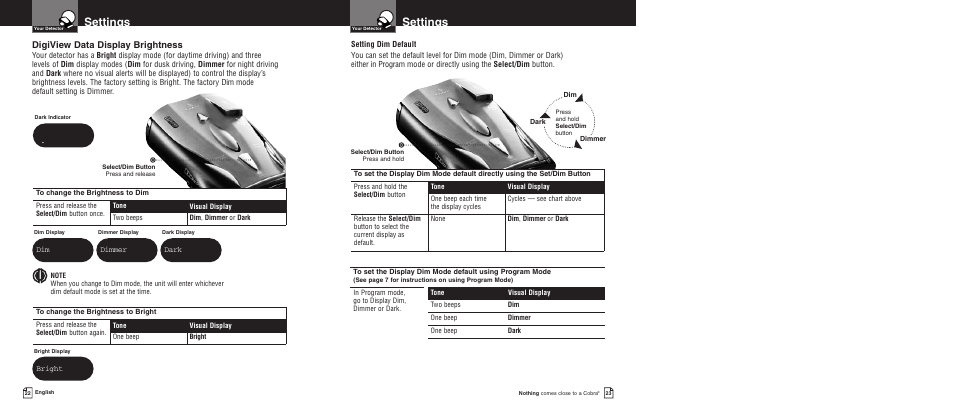 Settings, Digiview data display brightness, Bright | Dimmer, Dark | Cobra Electronics XRS 9675 User Manual | Page 14 / 21