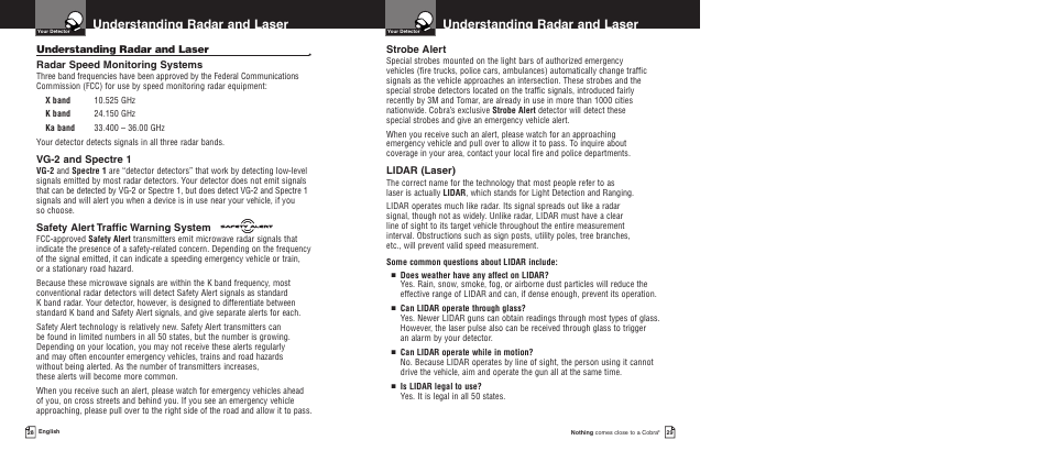 Understanding radar and laser, Radar speed monitoring systems, Vg-2 and spectre 1 | Safety alert traffic warning system, Strobe alert, Lidar (laser) | Cobra Electronics XRS 9675 User Manual | Page 17 / 21