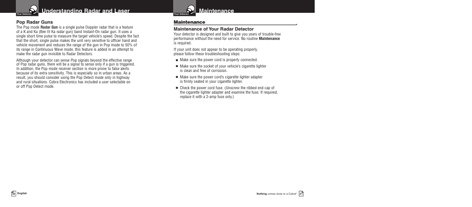 Understanding radar and laser, Maintenance, Pop radar guns | Maintenance of your radar detector, Make sure the power cord is properly connected | Cobra Electronics XRS 9675 User Manual | Page 18 / 21