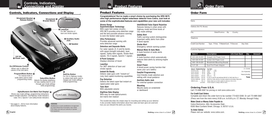 Order form, Product features, Controls, indicators, connections and display | System ready, Ordering from u.s.a | Cobra Electronics XRS 9675 User Manual | Page 2 / 21