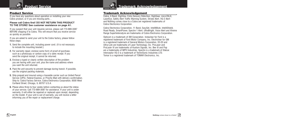 Trademark acknowledgement, Product service | Cobra Electronics XRS 9675 User Manual | Page 20 / 21