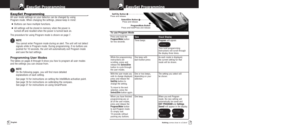 Easyset programming, Programming user modes, Buttons can have multiple functions | Cobra Electronics XRS 9675 User Manual | Page 6 / 21