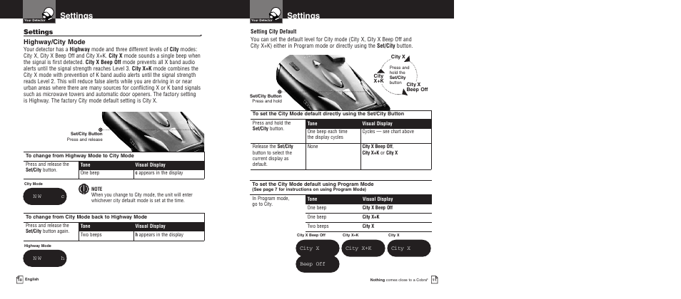 Settings, Highway/city mode, City x beep off | City x+k, City x | Cobra Electronics XRS 9675 User Manual | Page 8 / 21