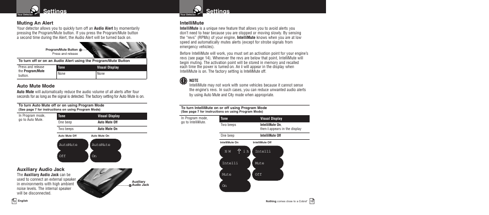 Settings, Intellimute, Auxiliary audio jack | Muting an alert, Auto mute mode | Cobra Electronics XRS 9675 User Manual | Page 9 / 21