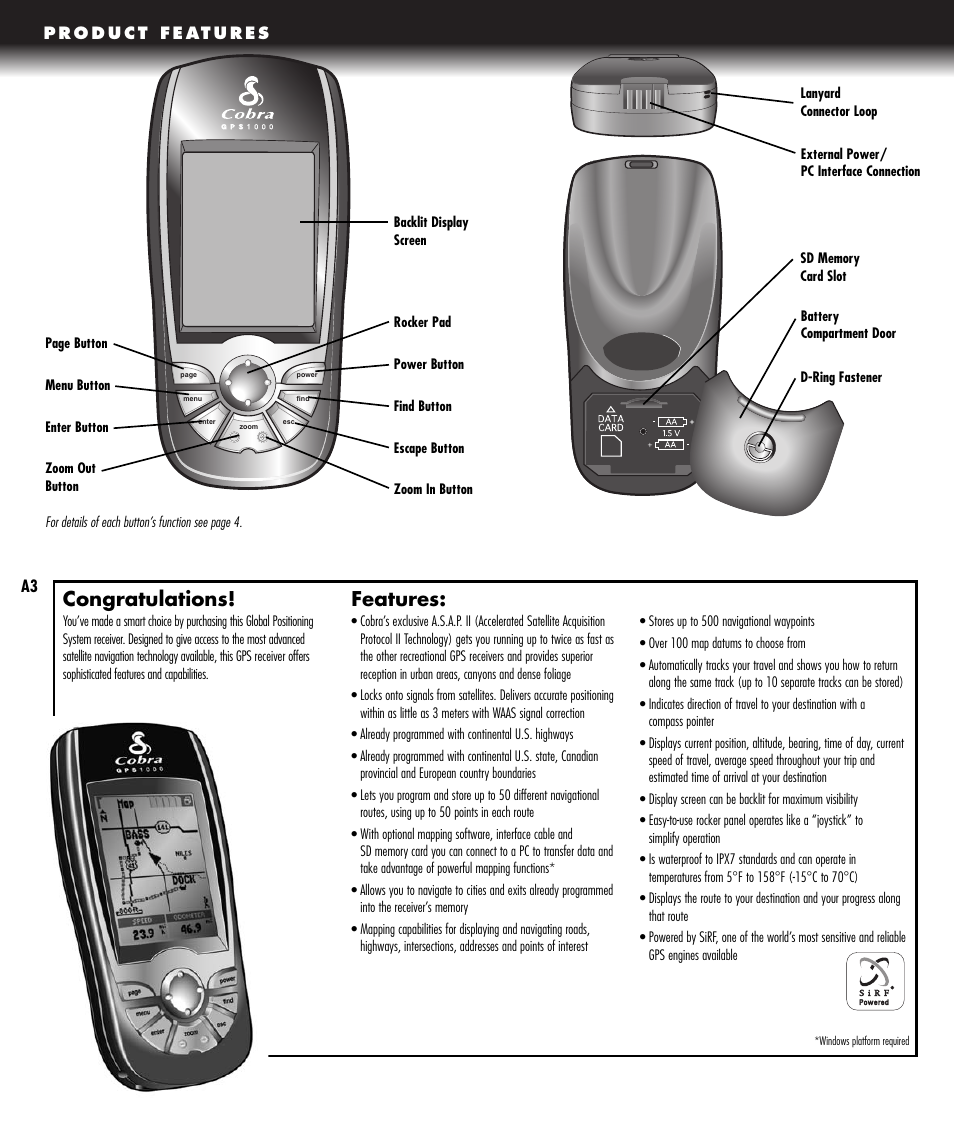 Features | Cobra Electronics GPS 1000 User Manual | Page 2 / 104
